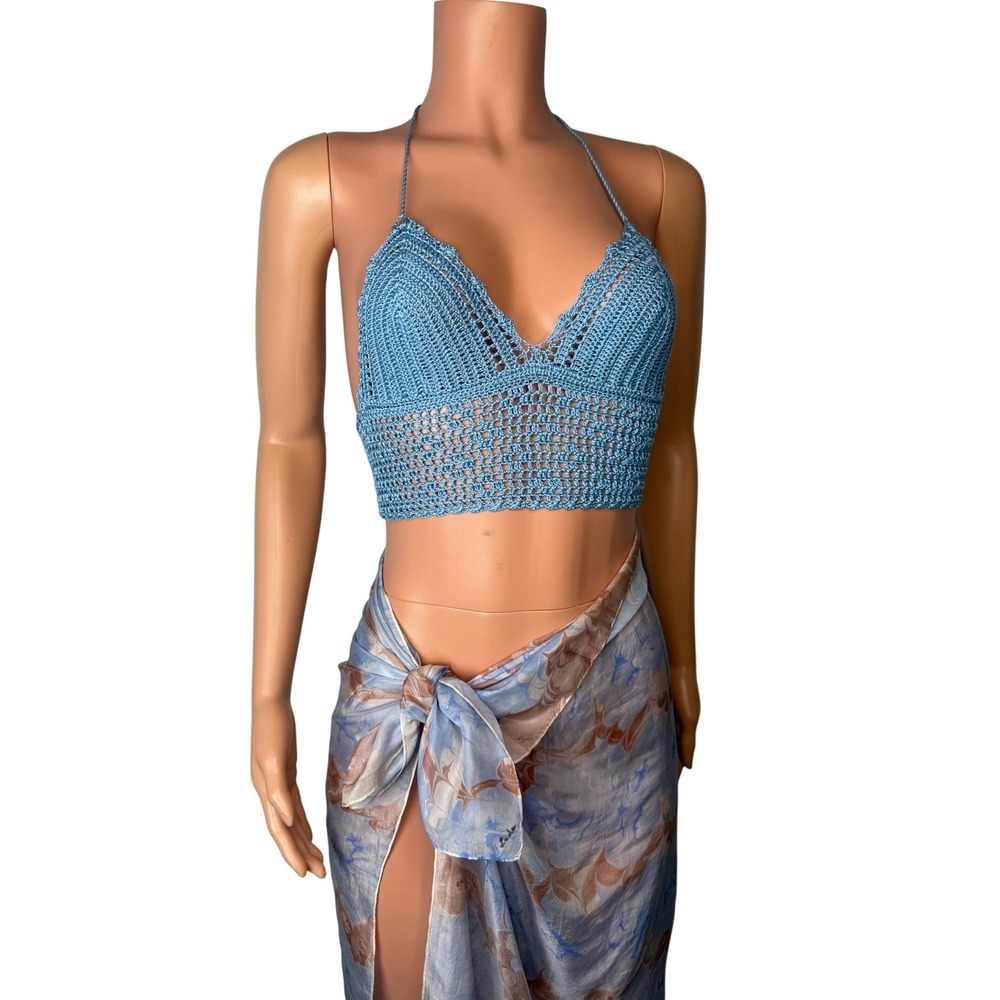 OOAK Handmade Sicily Italian Yarn Luxury Crochet Halter Resort Top Blue S